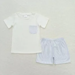 Clothing Sets Short Sleeve Blue Stripes Toddler Boys Outfit RTS Kids Baby Clothes Boutique Wholesale In Stock Kid