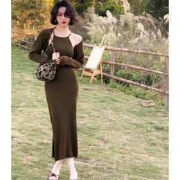 Work Dresses Sexy Autumn Women Knitted Dress Suit Casual 2PCS Set Elegant Chic Sweater Coat Halter Sleatch Solid Party Club Outfits