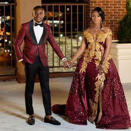 Arabic Aso Ebi Style Burgundy Sequins Prom Dresses With Gold Lace Off Shoulder Plus Size Evening Formal Party Second Reception Gowns 241V