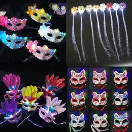 12pcs LED Lights Party Feather Butterfly Mask Luminous Glow Headband Tiger Fox Cat Gift Birthday Wedding Halloween Christmas 240517