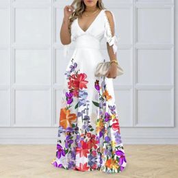 Casual Dresses Women Half Sleeve Dress Elegant Floral Print Maxi With Bead Decor A-line Patchwork For Featuring Hollow Spring