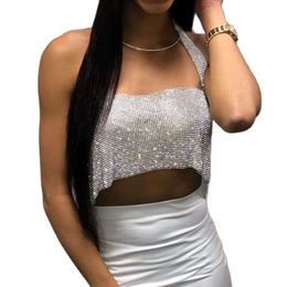 FestivalQueen Women's Rhinestone Halter Crop Backless Crystal Diamonds Hollow Out See Through Party Nightclub Tank Top Sexy Sexy Costumes