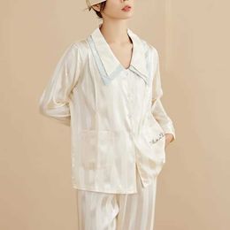 Sleep Lounge Silk Satin Pregnant Womens Pajama Set Long sleeved Nursing Baby Breastfeeding Cardigan Top+Adjustable Pants Pajamas d240516