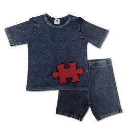 Clothing Sets Baby summer clothing tops and pants knitted denim childrens clothing boys and girls clothing round neck short sleeves red patches WX