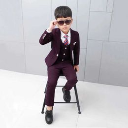 Suits Kids Formal Suit Wedding Birthday Party Dress Flowers Boys Blazer Vest Pants 3pcs Tuxedo Children Prom Performance Costume L12 Y240516