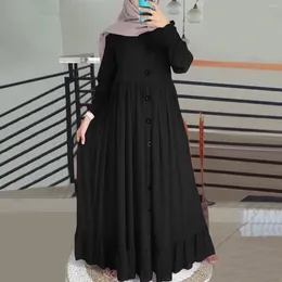 Casual Dresses Muslim Cotton Linen Maxi Dress Summer Retro Oversized Long Sleeve O Neck Ruffle Hem For Women Elegant