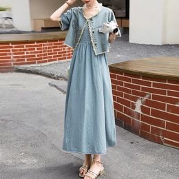 Work Dresses Spring Summer Women Denim Sets Fashion Short Sleeve O-Neck Coats Jacket Crop Top Sling Suspenders Long Dress Suits