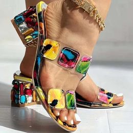 Multicolor Sandals Women Strap Stylish Double with Rhinestone Decor and Block Heel Slip on Look Fabulous This Summer v 99 d e6f3