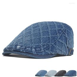 Berets Rhombic Crocheted Denim Beret Ladies Washed Thick Hat Fashion Casual Cap Painter's Sboy For Women