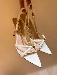 Newest Gianvito Rossi Leather Stiletto Sandals Shoes Golden Chain Side Straps Women Pumps Pointed Toe Party Wedding Lady High Heels EU35-41 Original Box