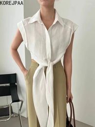 Women's Blouses Korejpaa Korean Fashion Women Shirt 2024 Summer French Elegant Lapel Single Breasted Bandage Slim Shirts Sleeveless Vest Top