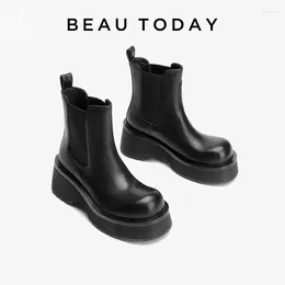 Boots BEAUTODAY Ankle Women Genuine Cow Leather Round Toe Solid Colour Slip-on Platform Ladies Shoes Handmade 03A71