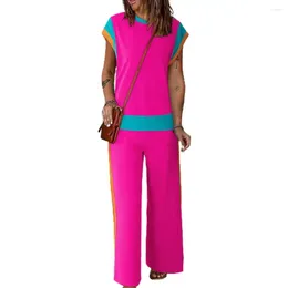 Women's Two Piece Pants Women Color-blocked Suit Set Loungewear Sleeveless Top Wide Leg For Casual Daily Wear Females
