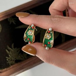 Stud Earrings Minar Vintage Green Color Enamel Rhinestone Simulated Pearl Flowers C Shape Chunky For Women Golden Metal Jewelry