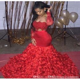 Aso Ebi Style Red Prom Dresses Two Piece 3D Rose Flowers for Women Party Wear Backless Dubai Long Sleeve Formal Evening Gowns Custom 214N