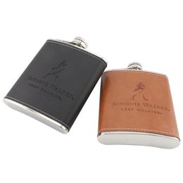 7oz Edelstahl -Schnaps -Taschenflächen -Hüftflasche PU Leder Wickel Whisky Flagon Wein Wodka Getränk Alkoholflasche 240516