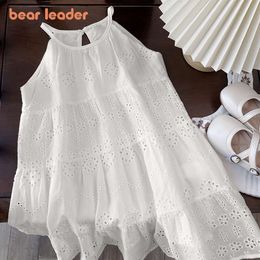 Bear Leader Cut-out Design Girl's 2023 Summer Little Girl Fashion Sling White Holiday Medium Length Vest Girls Dress L2405