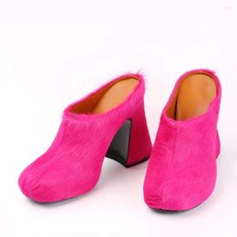 Sandals High Chunky Heels Women Fluffy Fur Dress Slip On Slides Fashion Round Toe Slippers Custom Colors Shoes