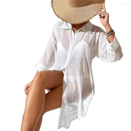 Shirts Swimwear Holiday Long Sleeve Chiffon Non Stretch Utra-thin White Beach Dress Shirt Bikini Cover-up Fashion