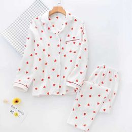 Sleep Lounge Home Furniture Spring/Summer/Autumn/Winter Pure Cotton Womens Pyjamas Lapel Cute Little Peach Heart Long sleeved Pants Set d240517