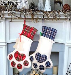 OurWarm 10Pcs 46x28cm Large Pet Christmas Stockings for Dog Cat Kids Candy Gift Bag Plaid Paw Stocking Christmas Tree Ornaments 201891219