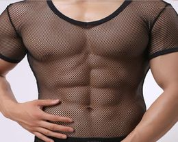 Casual Solid Tight Sexy Mens Fitness Super Thin Shapewear Transparent Mesh See Through Short Sleeve T shirt Tops Tees Undershirt17396787