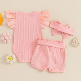 Clothing Sets Born Baby Girl Clothes Summer Romper Ribbed Sleeve Bodysuit Shorts With Belt Headband 3Pcs Outfits Set