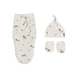 Sleeping Bags 3Pcs Cute Newborn Baby Blankets Swaddles Wrap And Hat Set 100%Cotton Boys Girls Adjustable Swaddle Infant Swaddle for 0-6 Month Y240517