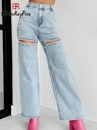 Women's Jeans Blue Summer Spring Baggy Women Hollow Out Diamond Fashion Y2k Straight Pants Trousers Slouchy Ripped For
