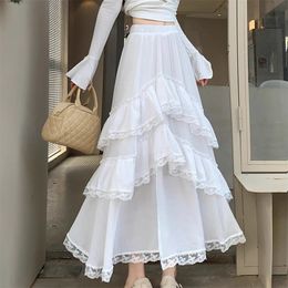 Spring Summer Women High Waist Slim Long Skirt Quality Sweet Lace Patchwork Ruffles Cake Skirts White All Match 240516