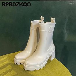 Boots Pvc Rubber Women Chunky Pumps Shoes Side Zip Platform Waterproof High Heels Ankle Fishing Rainboots Rain Short Walking