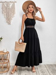 Basic Casual Dresses Elegant Black Fashion Summer Dresses 2024 Women Halter Beach Party Backless Long Dress Casual Sexy Hollow Out Waist Female Dress Y240515