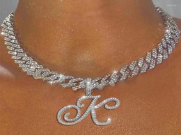 Chains AZ Cursive Letter Pendant Iced Out Cuban Necklace For Women Initial Zircon Link Chain Choker Rock Hip Hop JewelryChains El5810430