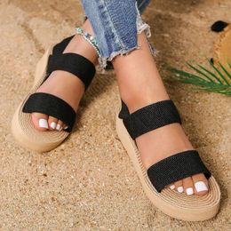 Casual Shoes 2024 Versatile High-heeled Thick-soled Beach Fashion Elastic Fabric Sandals Imitation Straw Wedge-heeled Roman