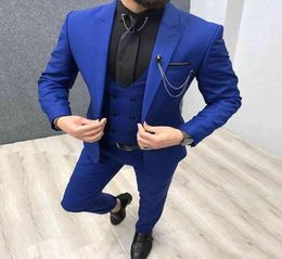 Men039s Suits Royal Blue 3 pieces Notch Lapel Tuxedos Slim Fit Double breasted Groomsmen Vest For wedding BlazerVestPants6772556