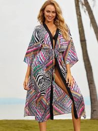 Bikini Cover-ups Bohemian Printed Long Kimono Cardigan Plus Size Tunic Women Beach Wear Swim Suit Cover Up Sarongs Q1148