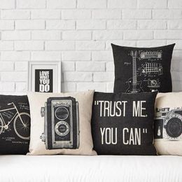 Pillow Vintage Black White Camera Bicycle Guitar Printed Cotton Linen Case Decorative Sofa Car Chair Home Decor Cover