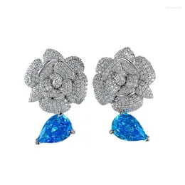 Stud Earrings S925 Silver Ear Ring Light Sea Blue Zircon 7 10 Pear Shaped Cut Rose Fashion Boutique Jewellery For Women