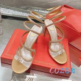 Sandals Luxury PVC Clear Gold Crystal Snake-shaped Thin Belt High-heel Sexy Flip-flops Thick-heel Women's Dress Shoes Summer