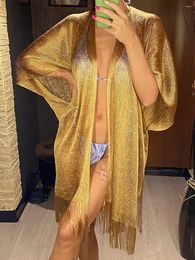 Summer Tassel Gold Bikini Cover Up Sexy See Through Beach Dress Tunics For Women Beachwear Swimsuit Cover-ups Kaftan