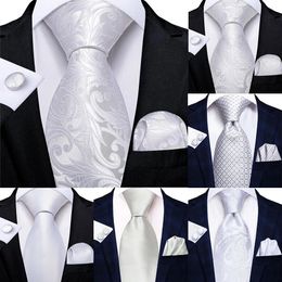 2024 Mens Ties White Floral Hanky Cufflinks Set Silk Neck ties For Men Wedding Party Business Mens Tie Fashion Brand Hi-Tie 240517