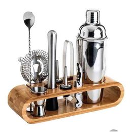 Bar Tools Stainless Steel Bars Barware Cocktail Shaker Set With Bamboo Stand Jigger Spoon Tong Bartender Kit Whisky Wine Drop Deliver Dh92U