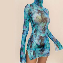 WomenS Dresses Ladies Mesh Printed Round Neck Bell Sleeve Side Open Hip Dress Sexy Stretch Slim Mini Skirt Y2k 240517