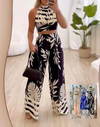 Women's Two Piece Pants Summer Casual Tropical Striped Halter Crop Top & Wide Leg Set Female Fashion Trousers Sets Outfits