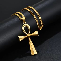 Meaning Life Egyptian Ankh Pendants Necklace in 14K Gold Hieroglyph Jewellery with Free Chain