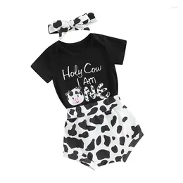 Clothing Sets Pudcoco Toddler Baby Girls Summer Clothes Black Short Sleeve Top Cow Print Shorts Headband 3pc Set Birthday Outfit 6-18M