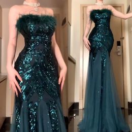 2024 Black Girls sequined Mermaid Prom Dresses bling Beading sexy off shoulder Feathers Lace Applique Evening Party Formal Gowns plus size green Birthday Party Gown