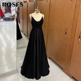 Party Dresses ROSES Spaghetti Strap Evening Black Charming Prom Dress Pleat A Line Stain Drop Vestidos De Noche