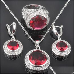 Earrings Necklace Set Earring And Sets Womens Sier Color Red Cubic Zirconia Pendant Engagement Rings Qz042 Drop Delivery Jewelry Dhng0