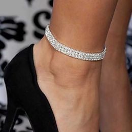 Anklets 2021 New Silver Elastic 1/2/3/4/5 Rows Ankle Bracelet Rhinestone Ankle Jewelry Crystal Bracelet d240517